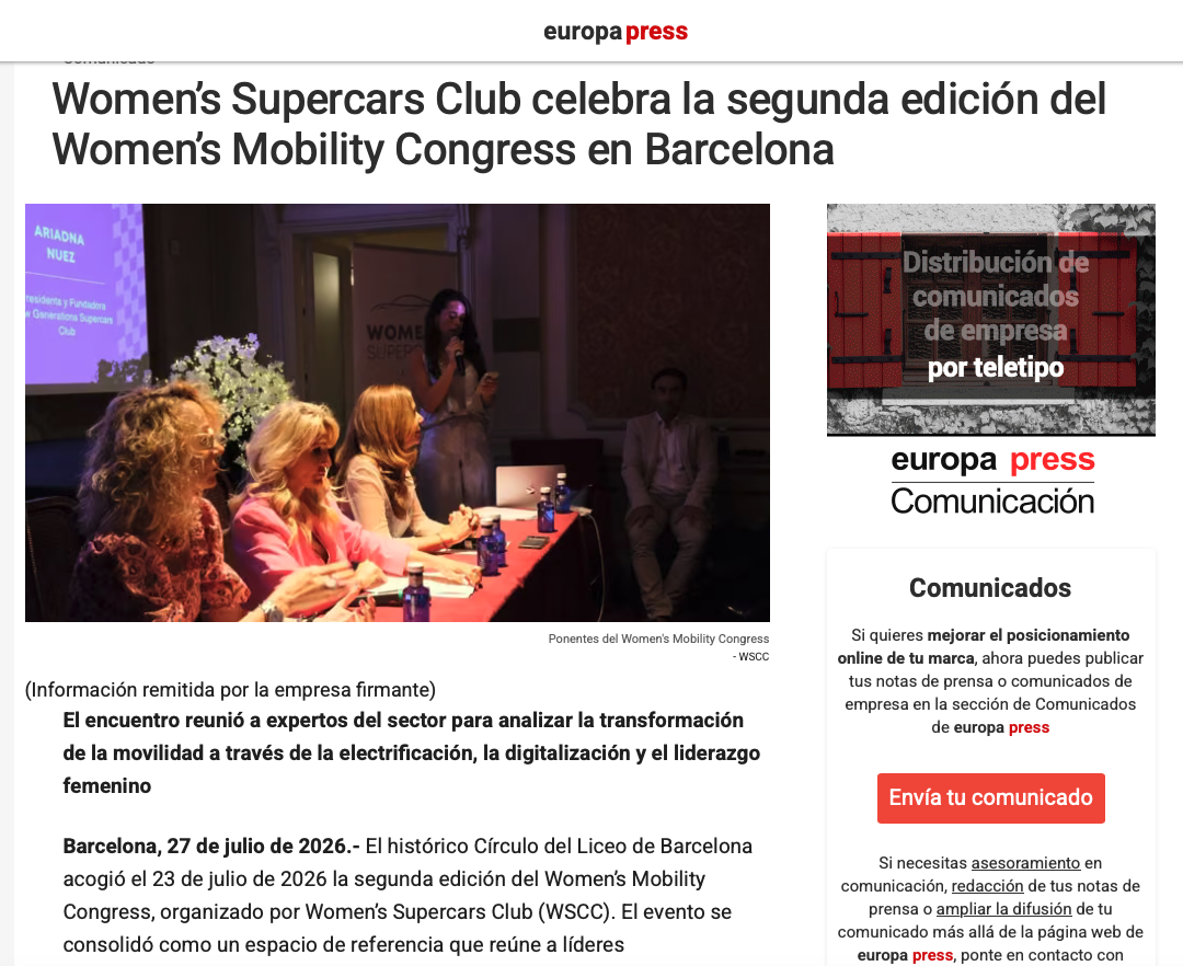 Women’s Supercars Club celebra la segunda edición del Women’s Mobility Congress en Barcelona - Julio 2026 Europapress